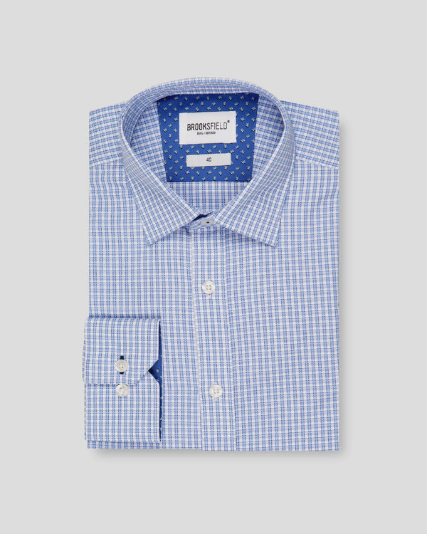 Brooksfield Textured Check Reg Fit Blue Business Shirt