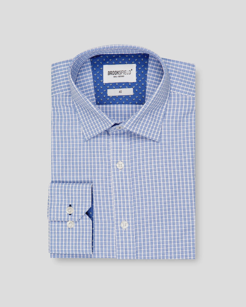 Brooksfield Textured Check Reg Fit Blue Business Shirt